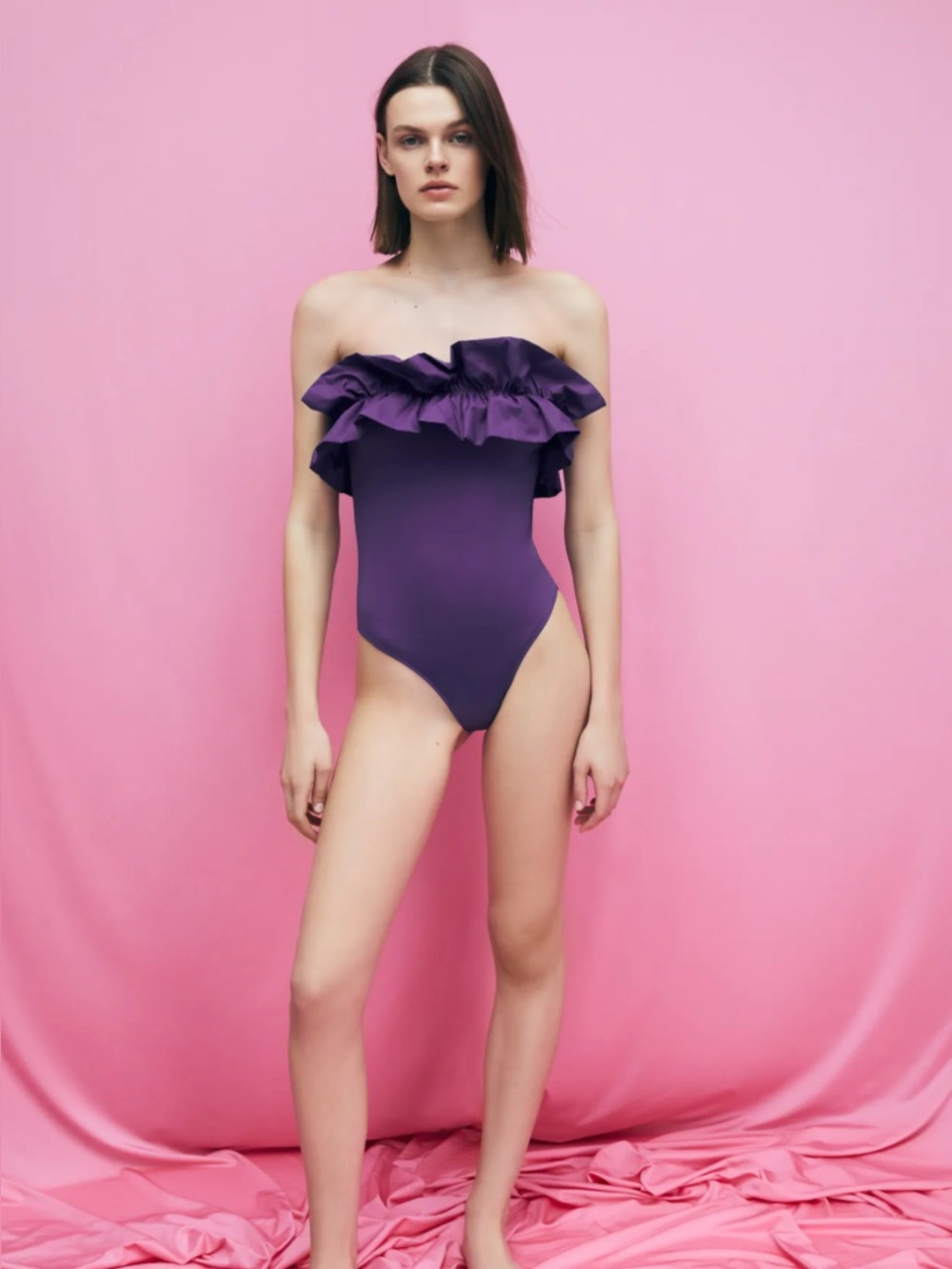 Zara: Purple Ruffle Strapless One-Piece Swimsuit - Picture 2 of 8